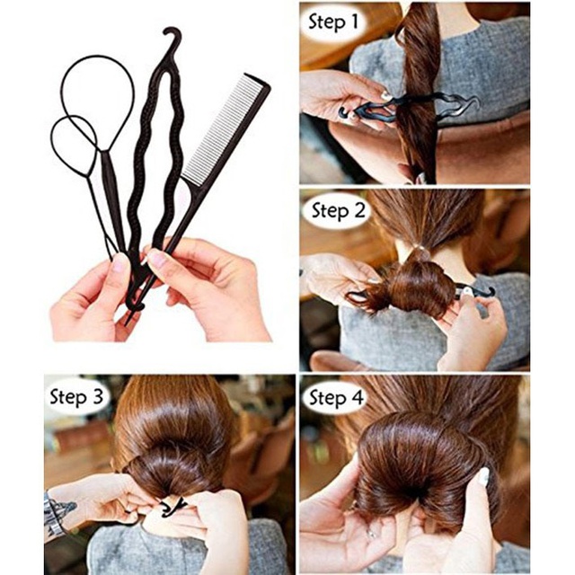 Bộ 4 dụng cụ làm tóc lược chải tóc búi tóc kiểu đẹp đa năng