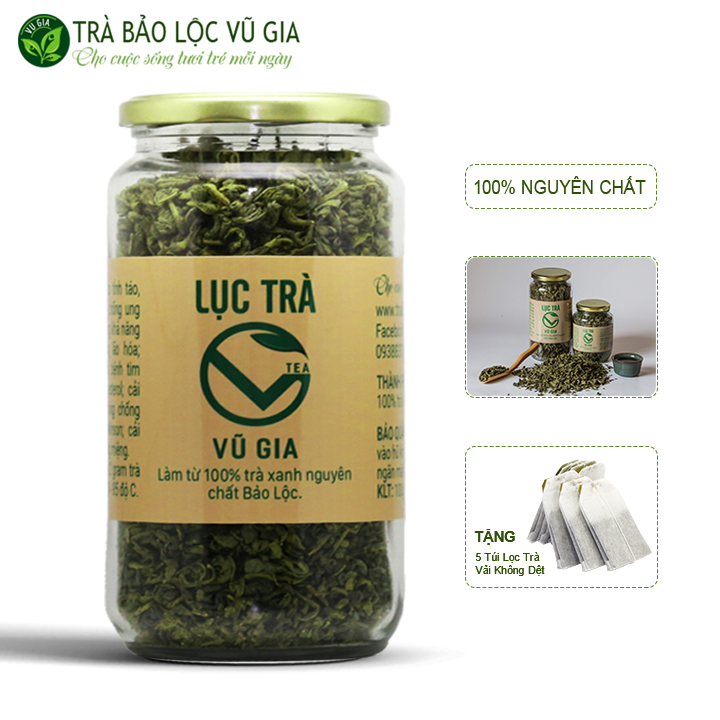 Lục Trà Nguyên Chất Bảo Lộc Vũ Gia (200gr/hũ) + Tặng 5 túi lọc trà - Hỗ trợ tim mạch, giảm cân phòng ngừa ung thư chống lão hóa da, giảm stress công việc giúp ngủ ngon - Đã được kiểm nghiệm y tế