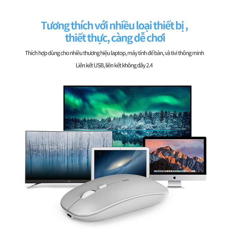 Chuột không dây wireless tự sạc pin siêu mỏng không gây tiếng ồn chuyên dùng cho Máy tính, pc, Laptop-Giao hàng nhanh