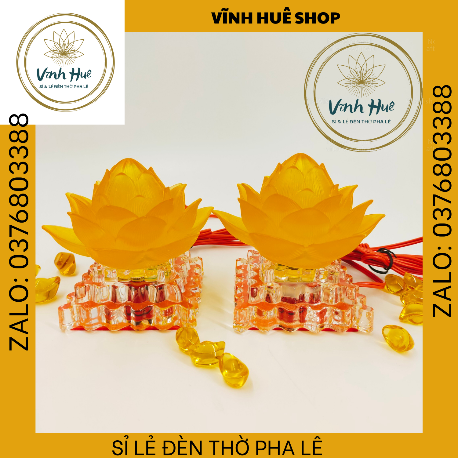 ĐÈN THỜ CÚNG MẠCH LED HOA SEN VÀNG ĐỔI MÀU ĐẾ PHA LÊ