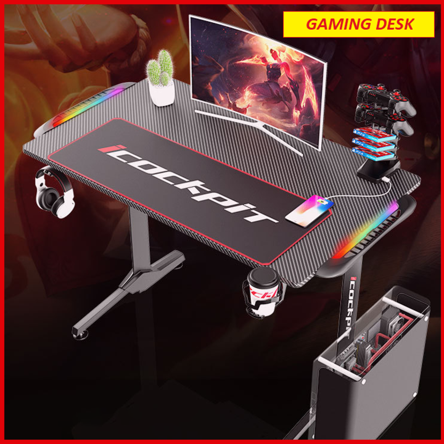 Bàn Gaming Cao Cấp. Bàn Chơi Game. Bàn Game Sợi Cacbon Có Đèn LED RGB Cảm Biến. Bàn Làm Việc Cao Cấp. Bàn Gaming PC, Bàn Máy Tính, Bàn Gameming.