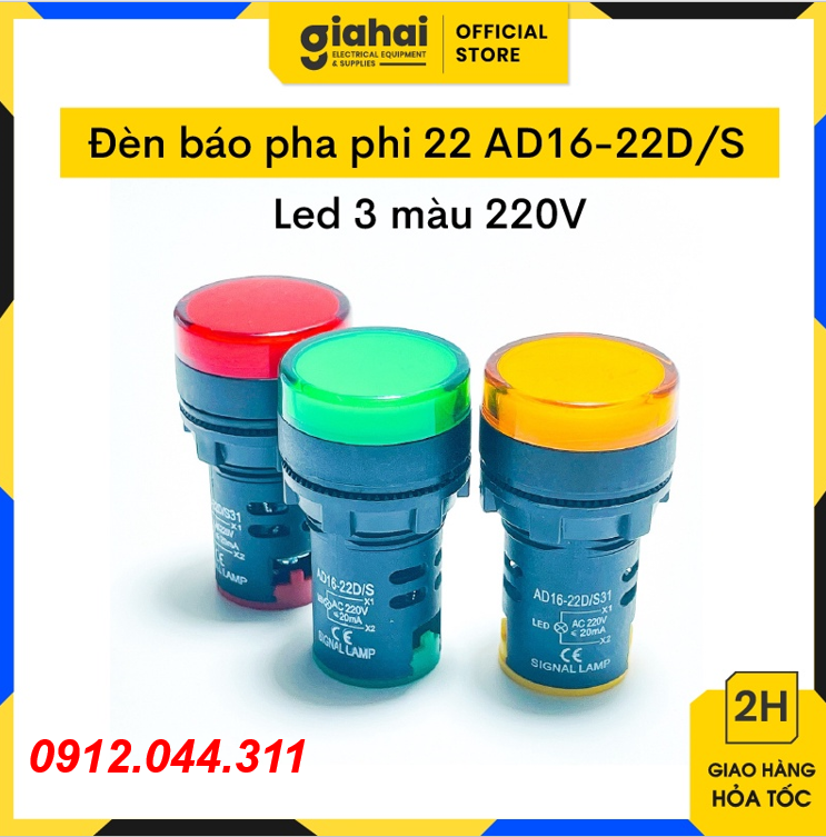Đèn báo pha phi 22 ad16-22d/s led 3 màu 220v - tbd62