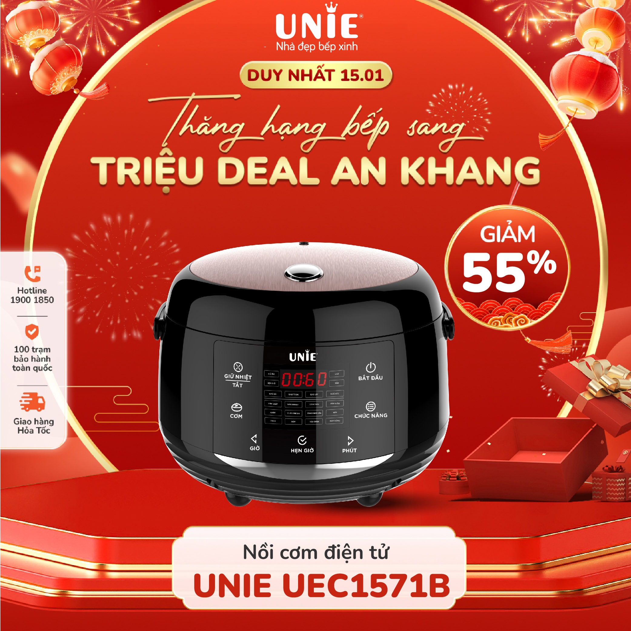 Nồi cơm điện Unie UEC1571B,công nghệ ủ nhiệt 3D giữ ấm 24h,Lòng Nồi Coating Cermic chống dính,16 chức năng nấu đa dạng,hàng chính hãng UNIE