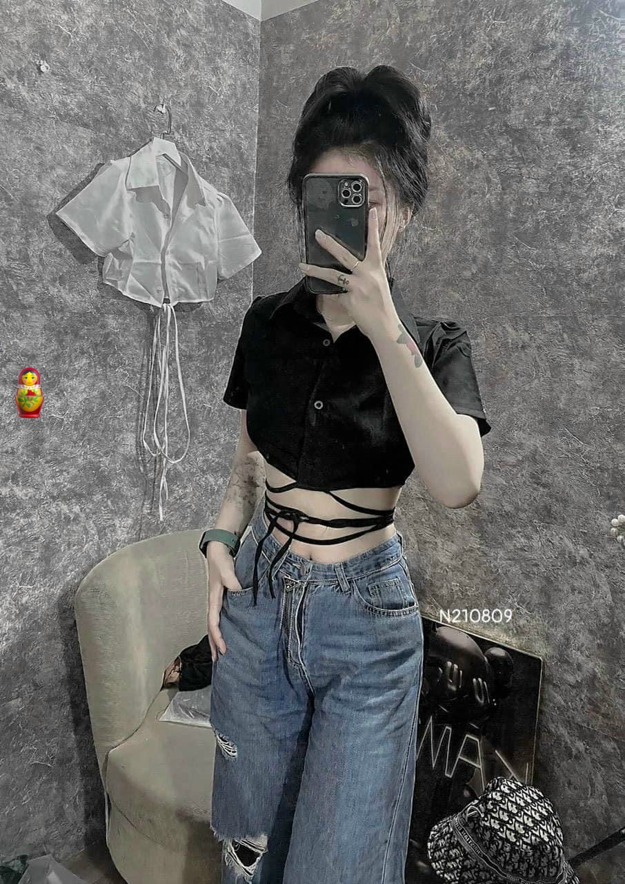 áo sơ mi croptop buộc dây eo