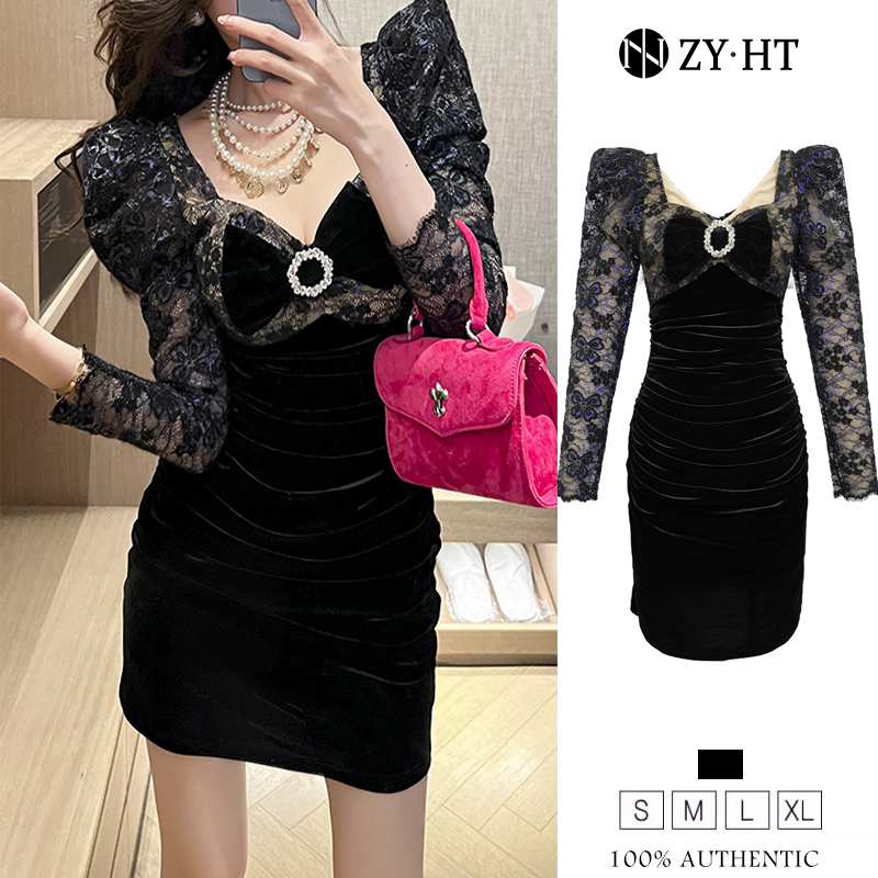 ZYHT eravogue đầm thu đông tay dài nhung ren tay áo phồng dáng ngắn đầm body nữ ôm body dự tiệc 20159