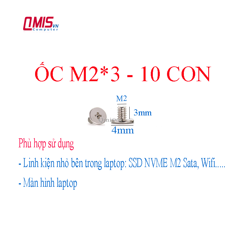 M2*3 ốc vít laptop kim loại mạ niken màu trắng dùng cho màn hình, wifi, ssd m2, msata, nvme m2x3