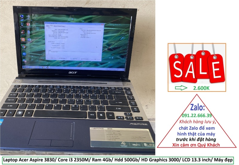 Laptop Acer Aspire 3830/ Core i3 2350M/ Ram 4Gb/ Hdd 500Gb/ HD Graphics 3000/ LCD 13.3 inch/ Máy đẹp