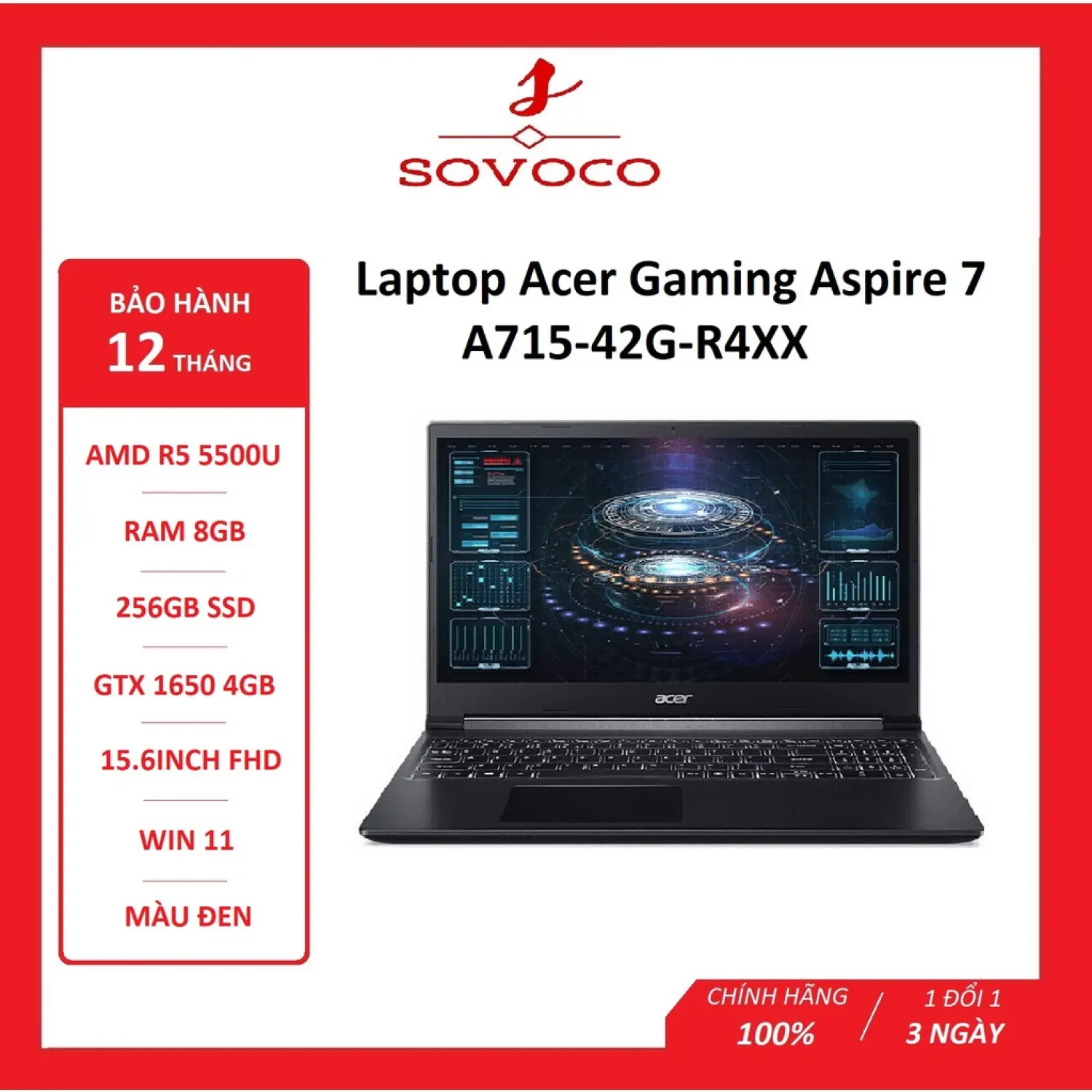 Laptop Acer Gaming Aspire 7 A715-42G-R4XX (NH.QAYSV.008) (R5 5500U/8GB RAM/256GB SSD/15.6 inch FHD/GTX1650 4G/Win11/Đen)