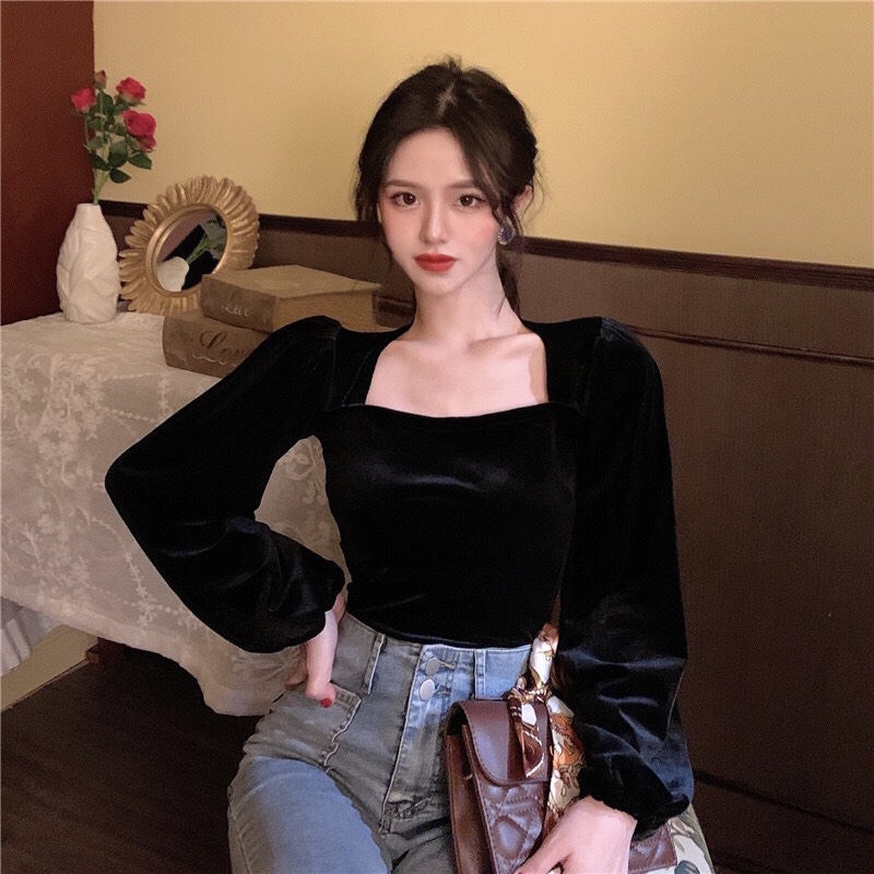 Áo nhung cổ vuông tay phồng tiểu thư