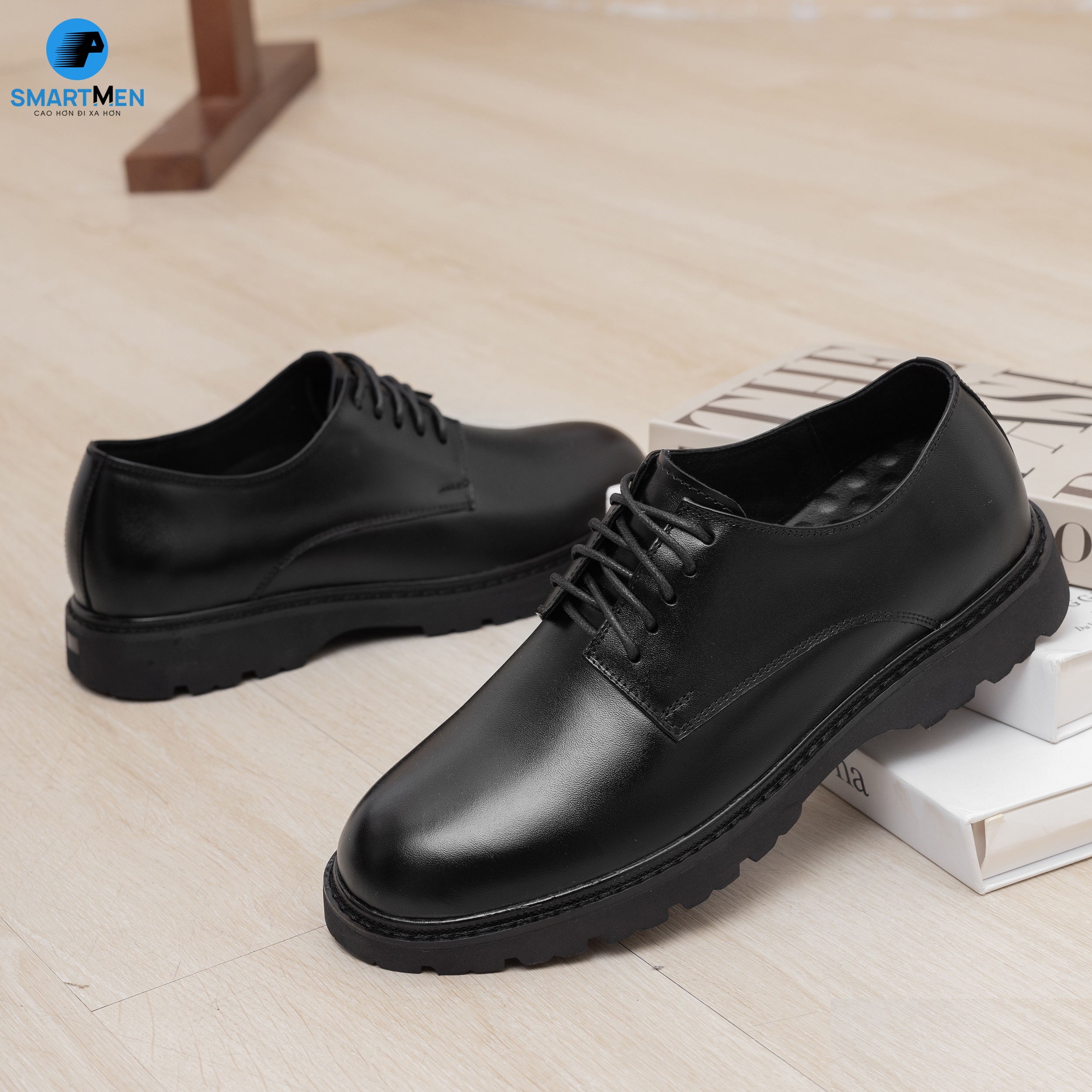 Giày tây Tăng chiều cao Da bò Cao cấp SMARTMEN LUX-D02 Đen