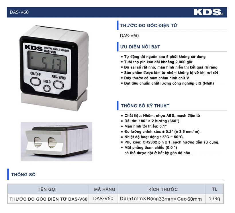 Thước đo góc điện tử có nam châm KDS Nhật Bản DAS-V60