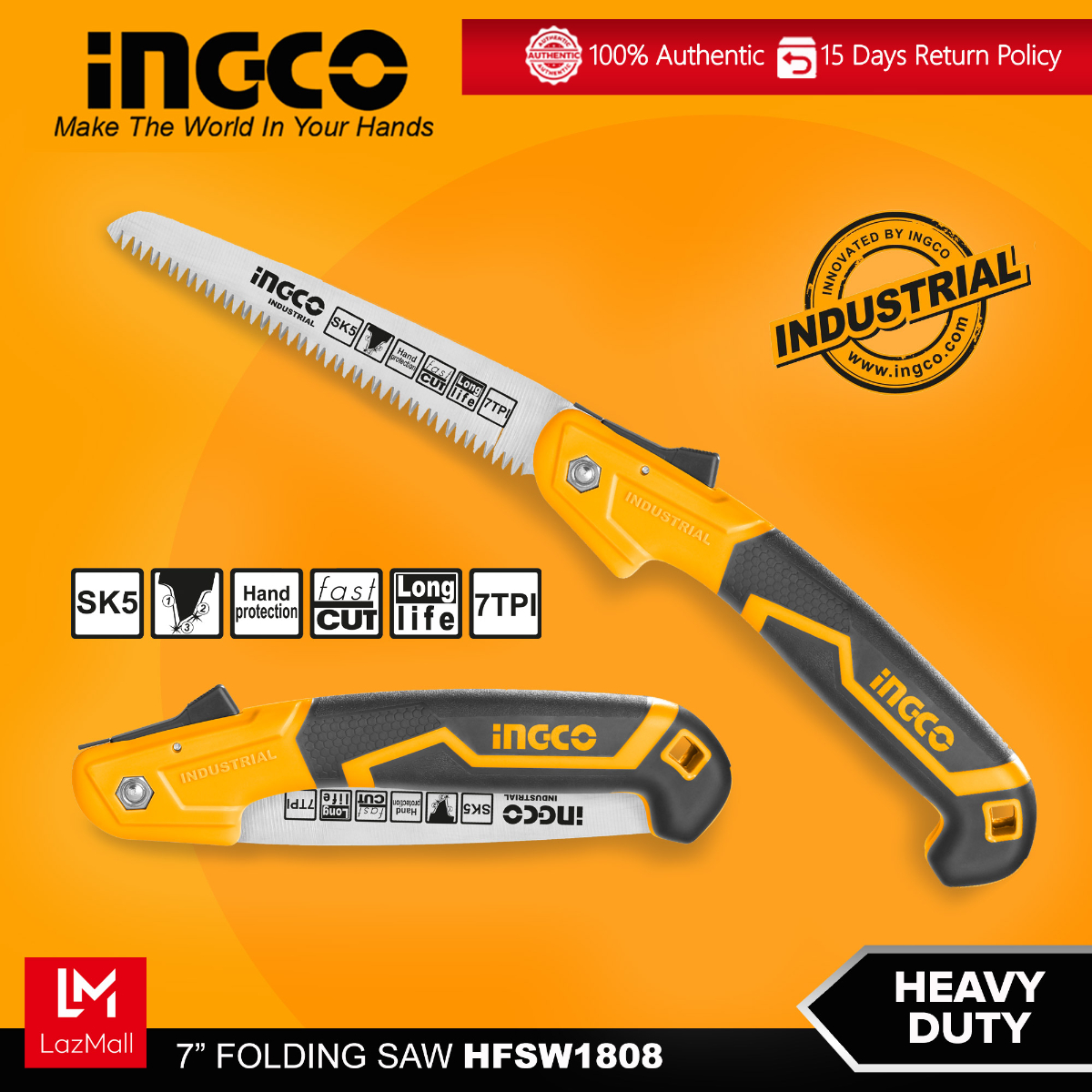 Cưa tay dạng xếp ingco 7''/180mm thép sk5 chống gỉ, cắt nhanh, độ bền cao 7 răng cưa/1 inch hfsw1808