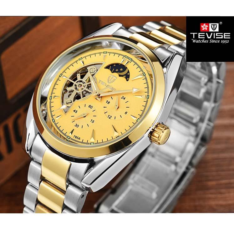 Đồng hồ nam Tevise 795A máy cơ chạy full kim (M Mặt đen sọc vàng) + Tặng dụng cụ cắt dây