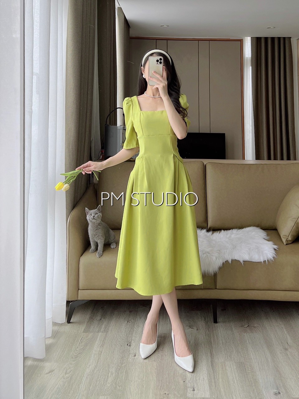 Đầm cổ vuông 2 túi bên 3 màu xanh,cam,trắng