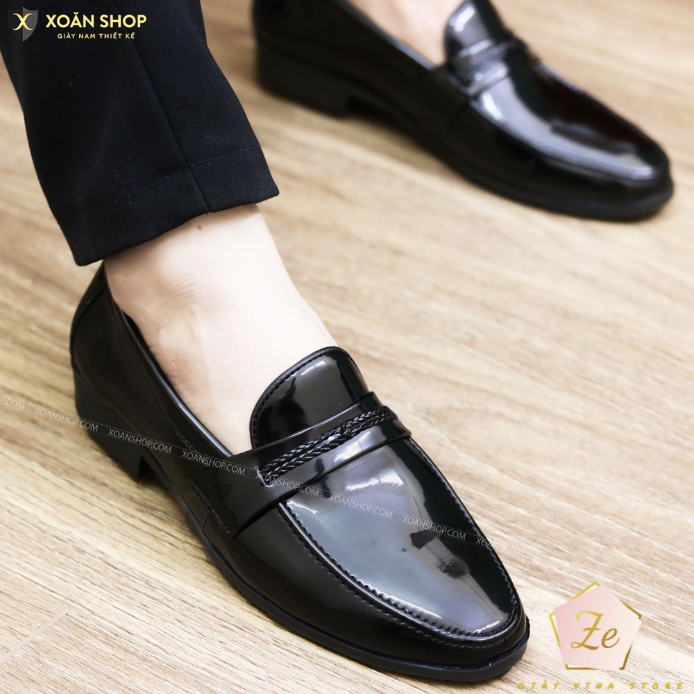 Giày lười da nam - da đen bóng đai dệt - đế cao su đúc - mã l159 - hàng việt nam