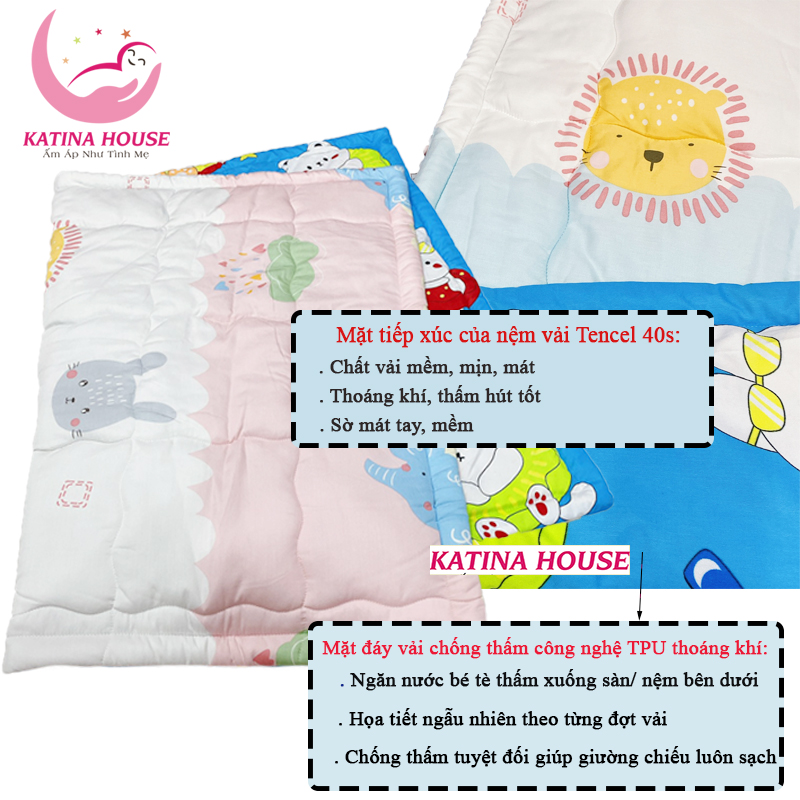 Bộ gối nệm cho bé đi học Katina House, vải Tencel cực mềm mát, họa tiết đáng yêu, nhiều kích cỡ