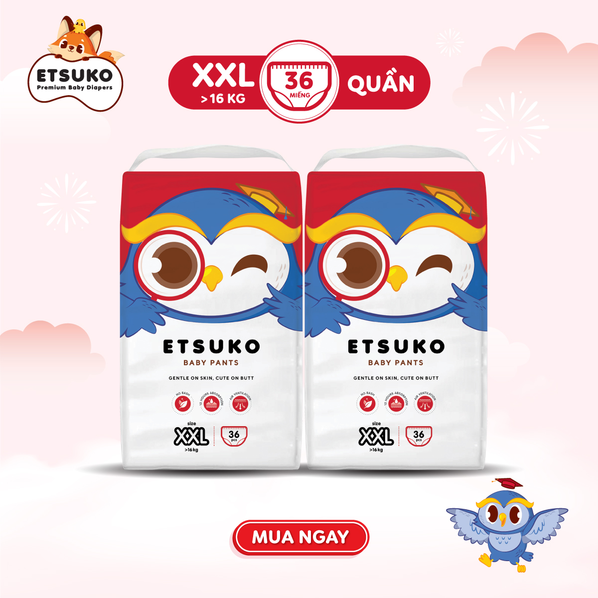 Combo 2 Bịch Tã Quần Etsuko size XXL 36 pcs