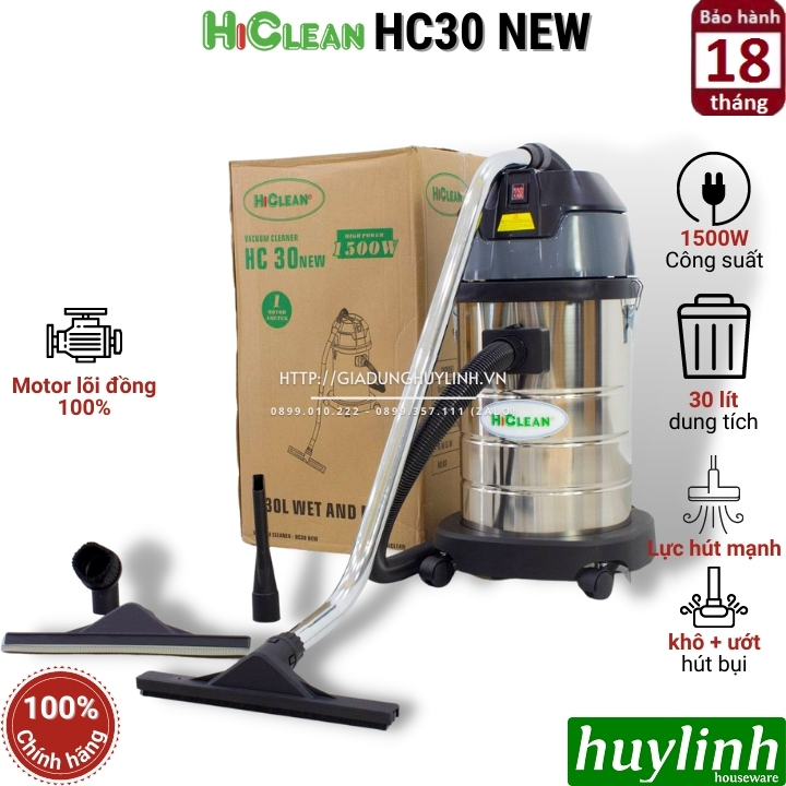 Máy hút bụi công nghiệp HiClean HC30 - 30 lít - Hút khô và Ướt