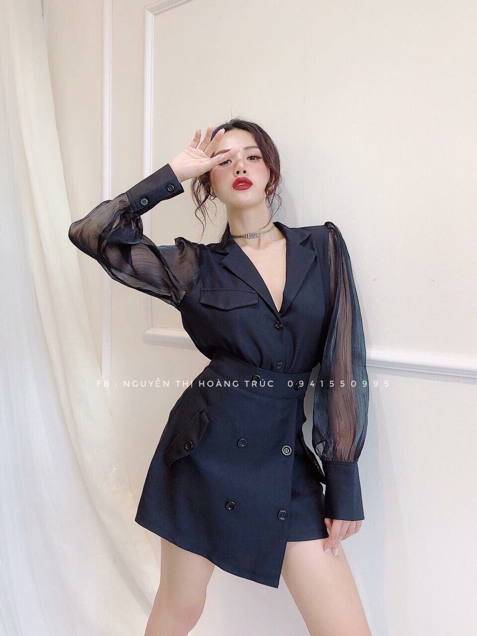 Đầm xòe cổ chéo tay phối lưới dễ thương