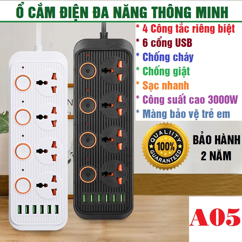 Ổ Cắm Điện Có Công Tắc Riêng, Ổ Điện Thông Minh, Ổ Điện Đa Năng 6 Cổng USB, Phích Cắm 3 Chấu, Sạc Nhanh, Chịu Tải Tốt 3000W, Dây Dài 2m, Giá Rẻ.