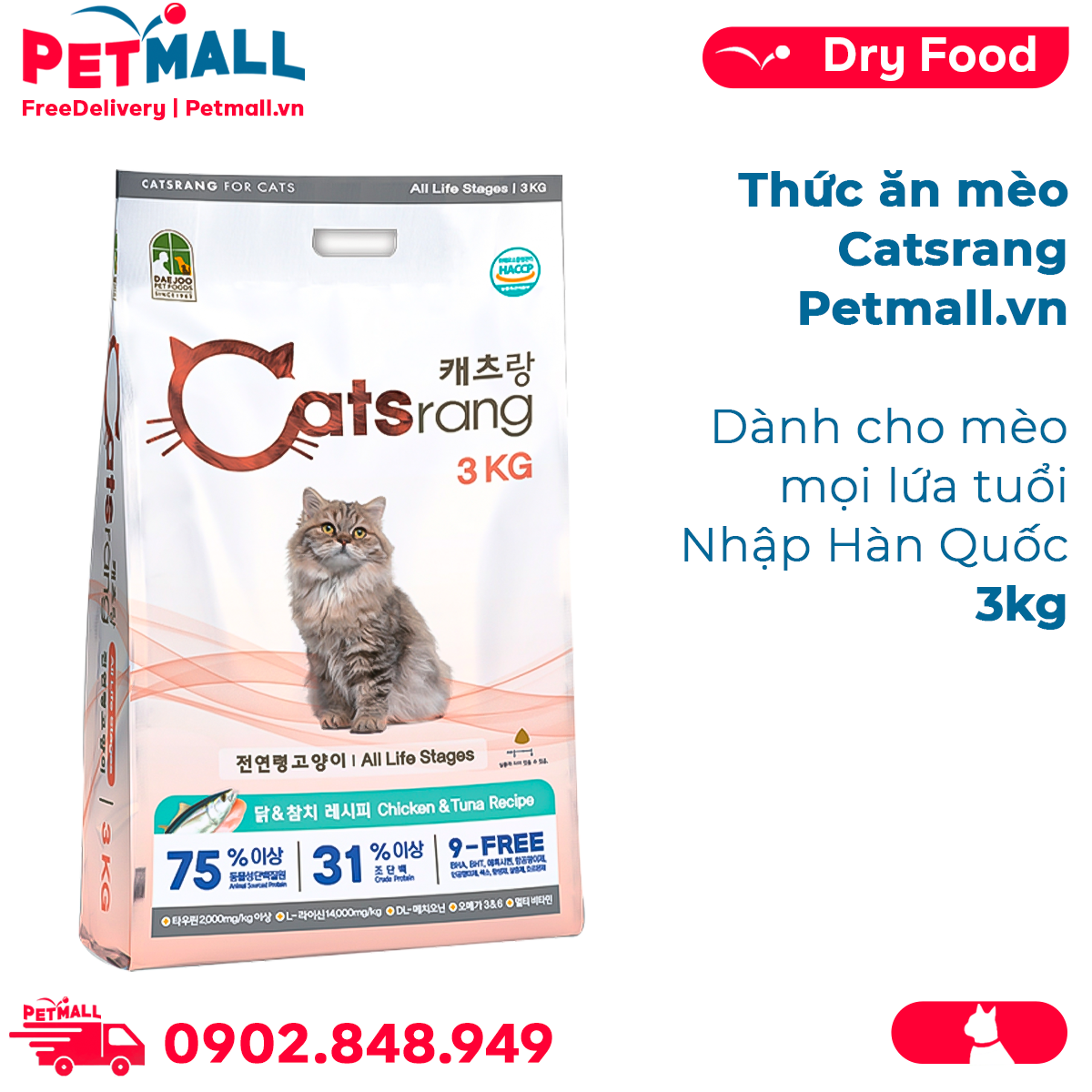 Thức ăn mèo Catsrang 3kg - Dành cho mèo mọi lứa tuổi, nhập Hàn Quốc Petmall