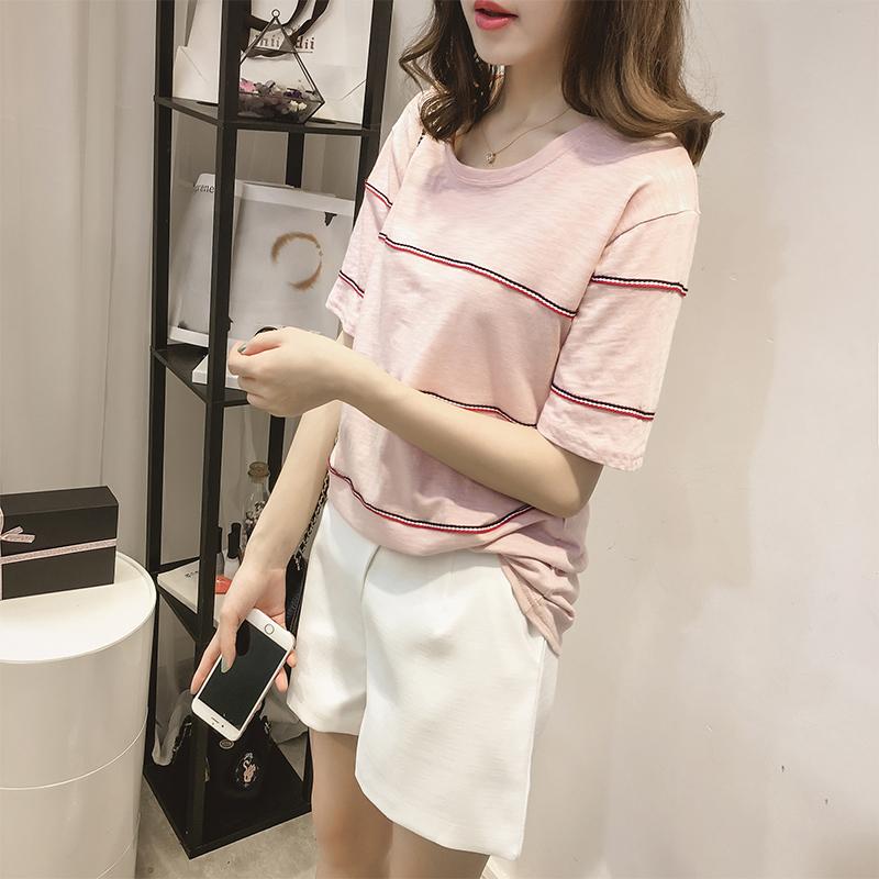 Adik perempuan gemuk tambah besar baju wanita pakaian musim panas model baru Gaya Korea Terlihat Langsing katun slub lengan pendek baju kaos Atasan Baju Dalaman