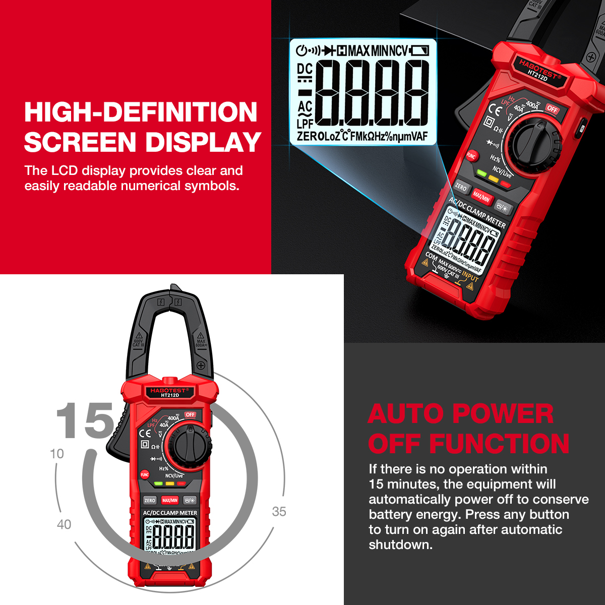 HABOTEST💥HT212 kỹ thuật số kẹp mét 600V AC/DC 4000 đếm điện áp mét hiện tại dữ liệu Giữ liên tục tối đa diode thử nghiệm ohm mét