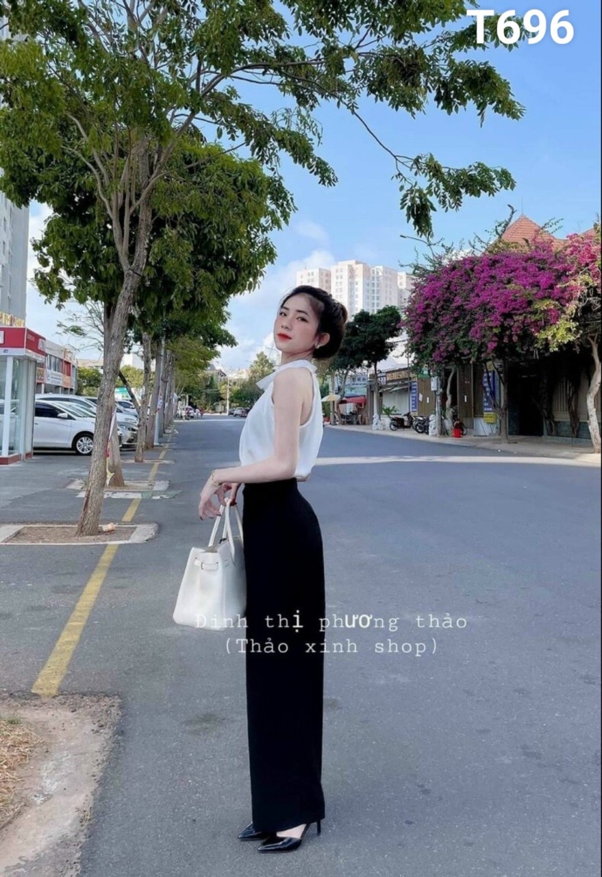 Set áo cổ yếm vải kate quần lụa cao cấp T696