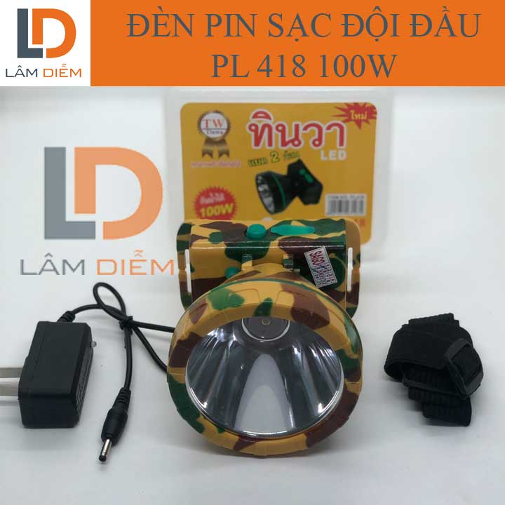 Đèn pin sạc đeo đầu lính led siêu sáng loại tốt cầm pin choá lớn 8cm 100w PL 418