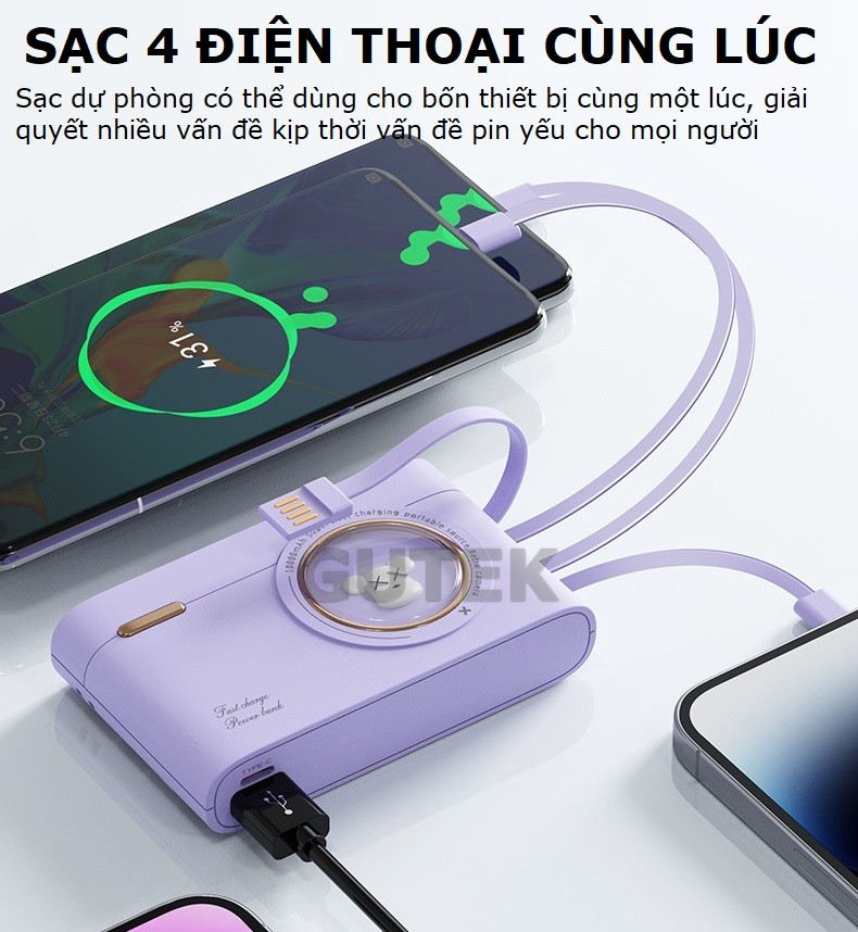 Sạc dự phòng 10000mAh 20000mAh Gutek YM741 dung lượng pin lớn tích hợp dây sạc nhanh cho nhiều thiết bị điện thoại