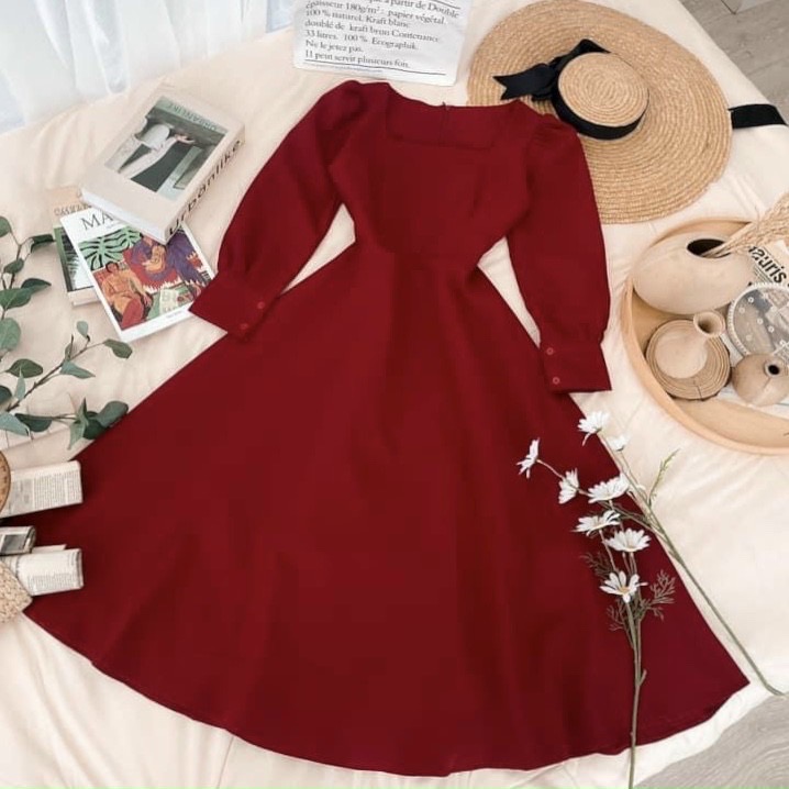 Đầm cổ vuông tay dài 3 màu