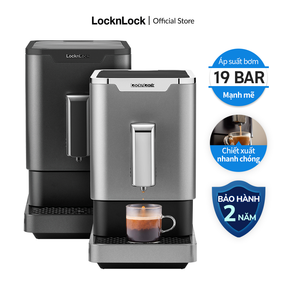 Máy pha cà phê Lock&Lock Espresso Coffee Machine EJC636 Màu đen/Bạc -  5 cấp độ xay, Công suất 19BAR cực mạnh, cảm ứng- Hàng chính hãng