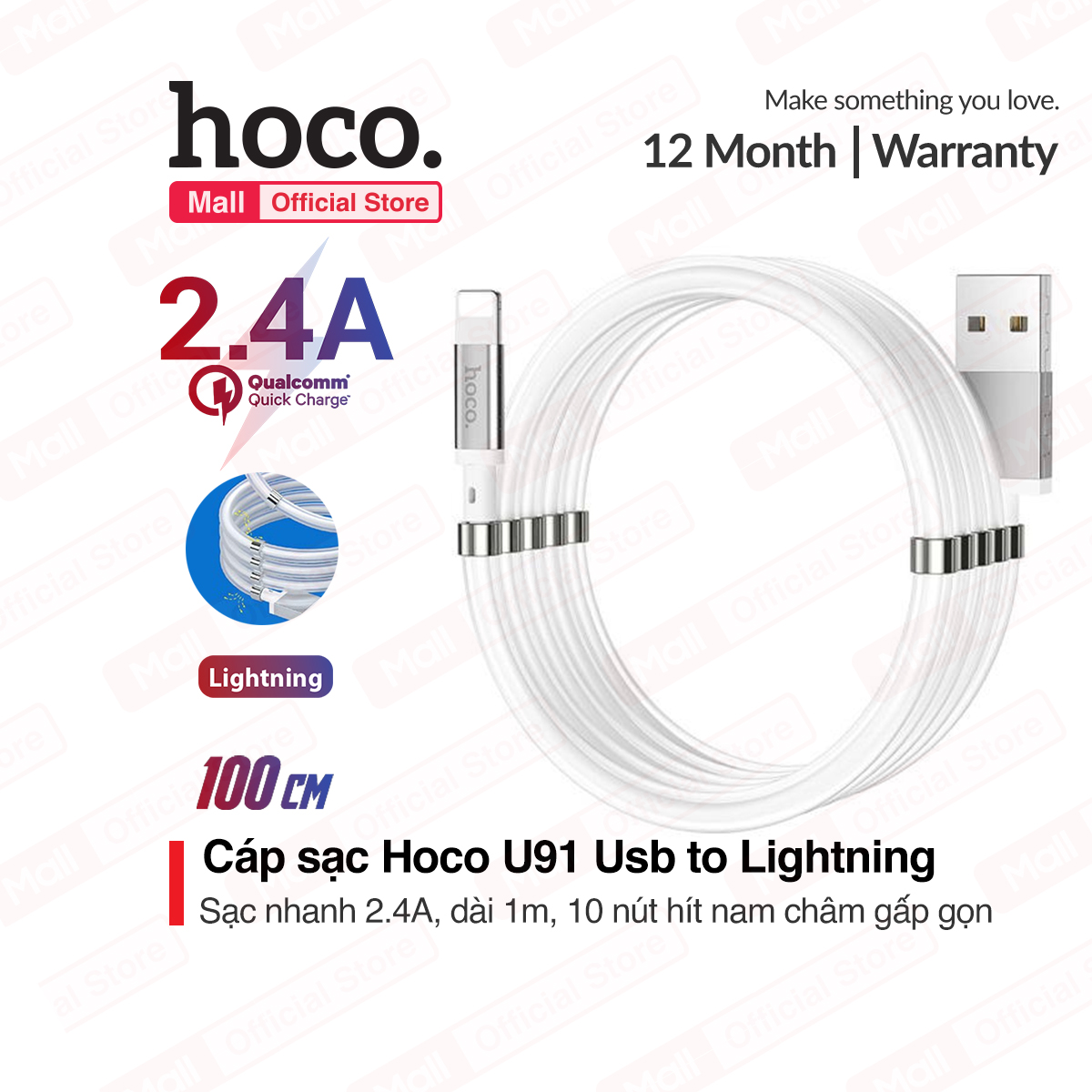 Cáp sạc Hoco U91 USB to Lightning sạc nhanh 2.4A Max 10 nút hít nam châm gấp gọn dài 1m