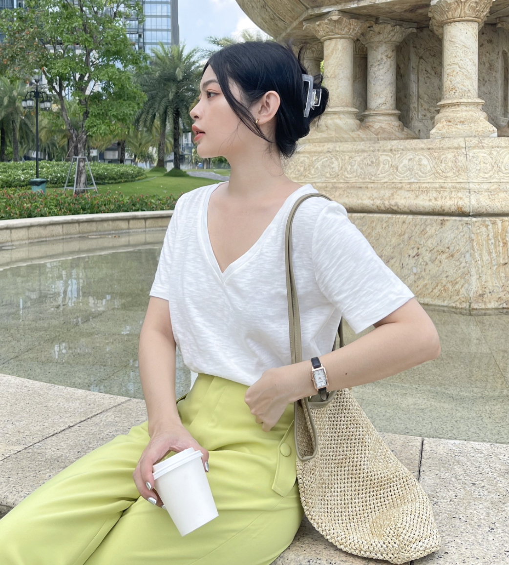 Áo thun cổ V cổ tim dáng basic nhiều màu chất cotton MIEU - GS02