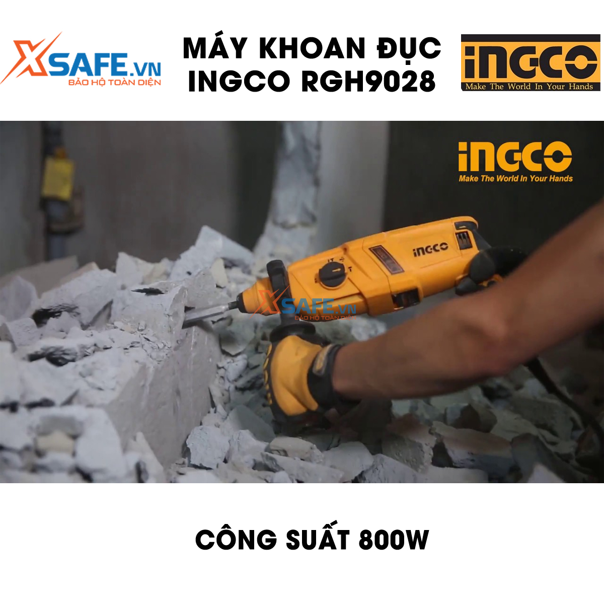 Máy khoan cầm tay 3 chức năng 800w Ingco RGH9028 đầu gài sds plus, tốc độ 1200rpm, tốc độ búa 5300bpm, lực đập 2.5j, khoan bê tông 26mm, khoan sắt 13mm, gỗ 30mm, kèm 3 mũi khoan bê tông, 2 mũi đục Máy khoan đục bê tông