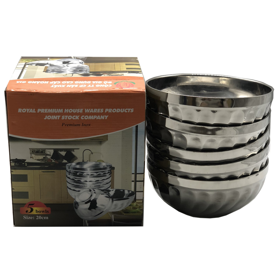 Bộ 5 tô xoắn inox cách nhiệt 2 lớp loại 11,5cm-14cm-16cm-18cm-20cm hoàng gia