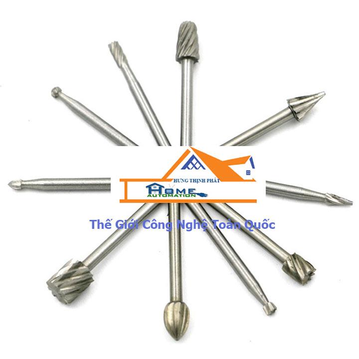 Bộ 10 đầu phay, khoét, tạo rãnh, chạm khắc dùng cho khoan đa năng mini cầm tay (như Dremel, ACZ, motor 775...)