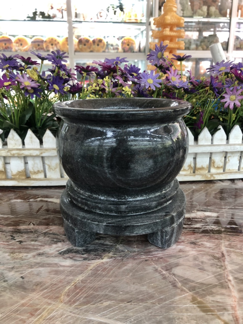 Lư hương, bát hương, bát nhang thờ cúng đặt bàn thờ đá cẩm thạch vân đen