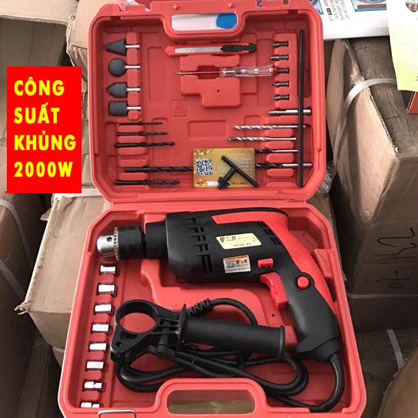 Máy khoan đa năng màu đỏ công suất 2000W tốc độ 3800 vòng/ phút, khoan bê tông, tường, bắt vít, gỗ, kim loại, gạch