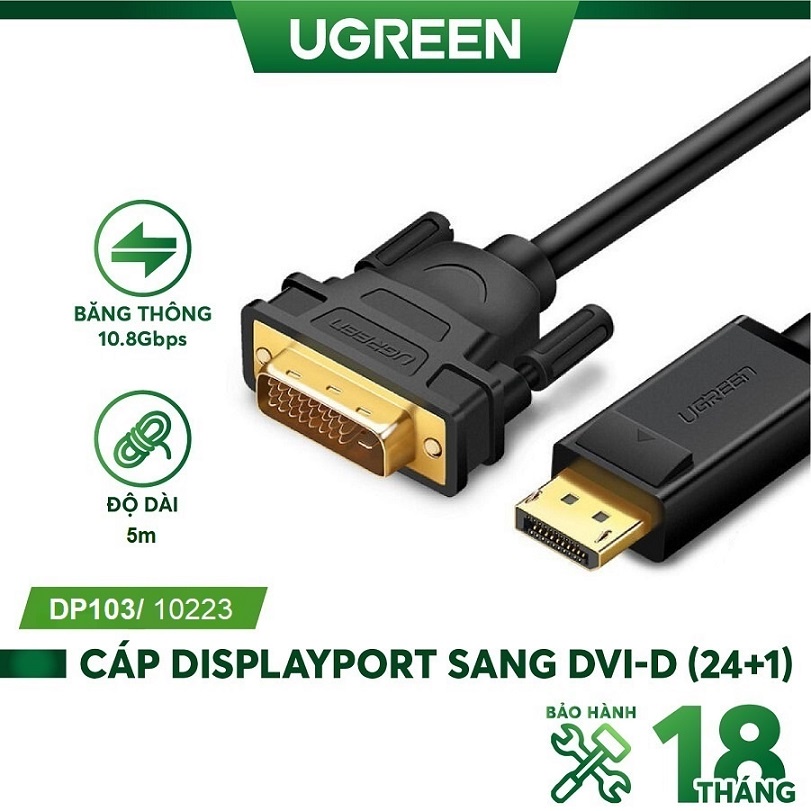 Cáp chuyển đổi displayport đực sang dvi-d đực hỗ trợ 1920x1200 ugreen dp103 - hàng phân phối