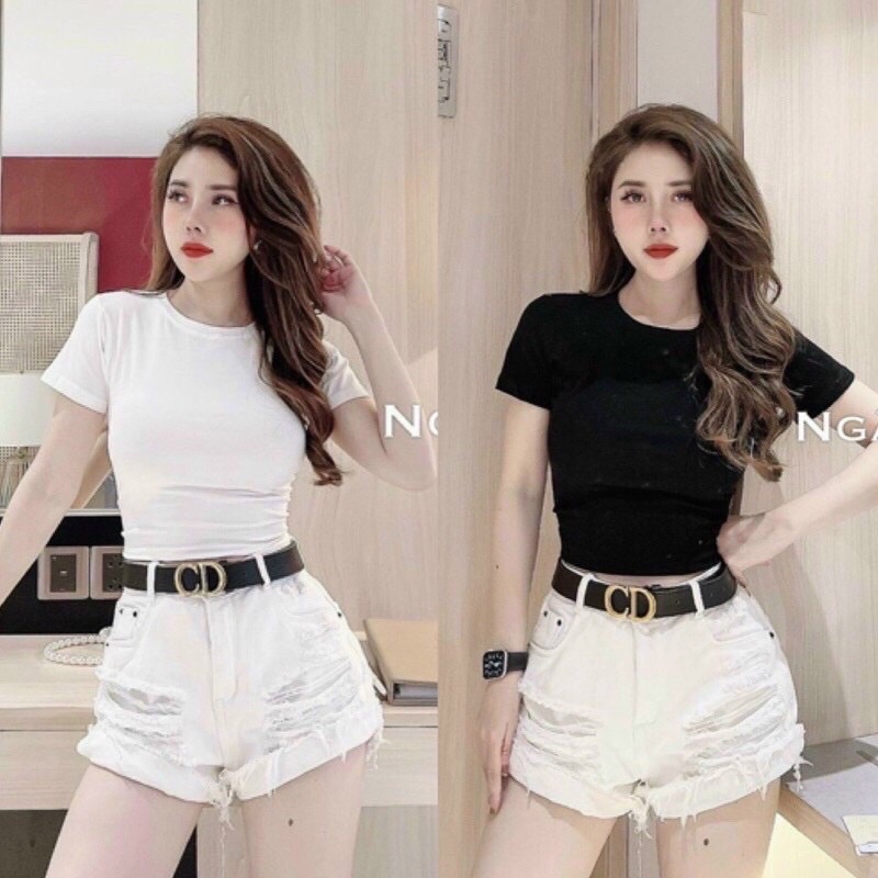 Áo thun trơn nữ cổ tròn ôm croptop hình thật