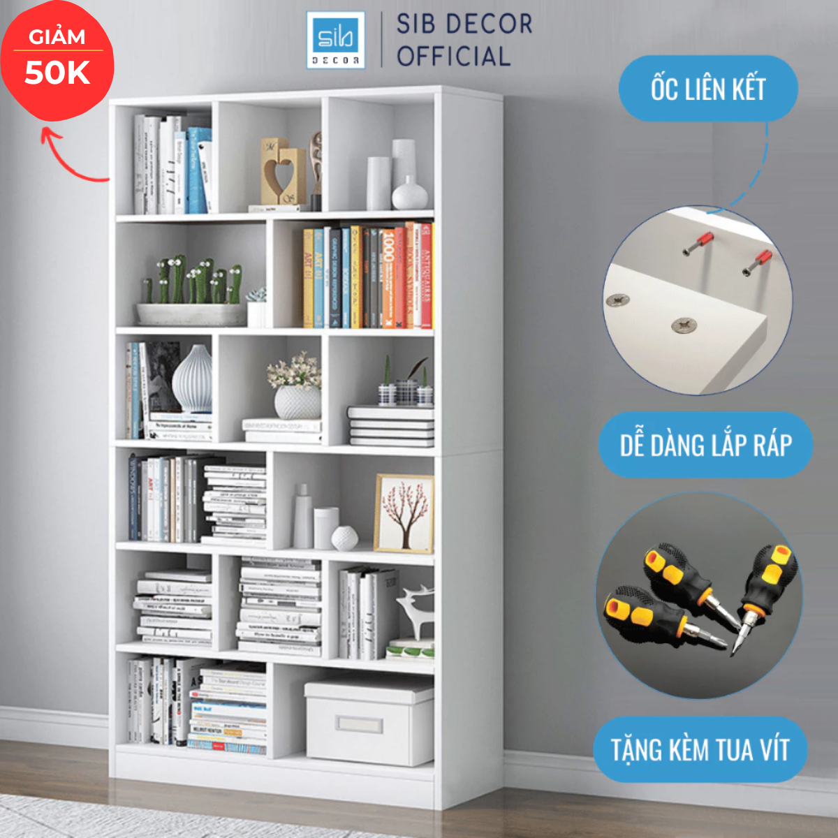 Kệ Sách Gỗ SIB Decor KSG03 6 Tầng Dài 80cm Cao 178cm Màu Trắng Oak Giá Sách Đứng Đa Năng