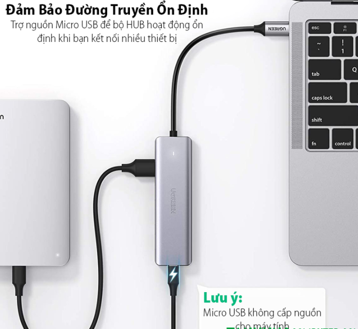 HUB USB TYPE-C SANG 4 CỔNG USB 3.0 UGREEN 70336, CÓ CỔNG TRỢ NGUỒN MICRO USB