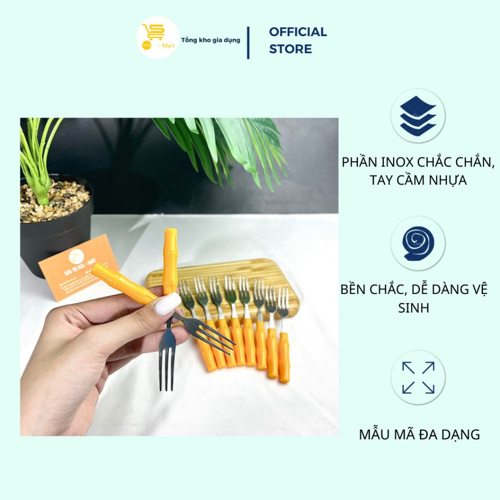 Túi 10 Nĩa Inox Cán Trúc Vàng, Nĩa Ghim, Xiên Trái Cây, Nhỏ Gọn, Tiện Lợi MTA-MART2