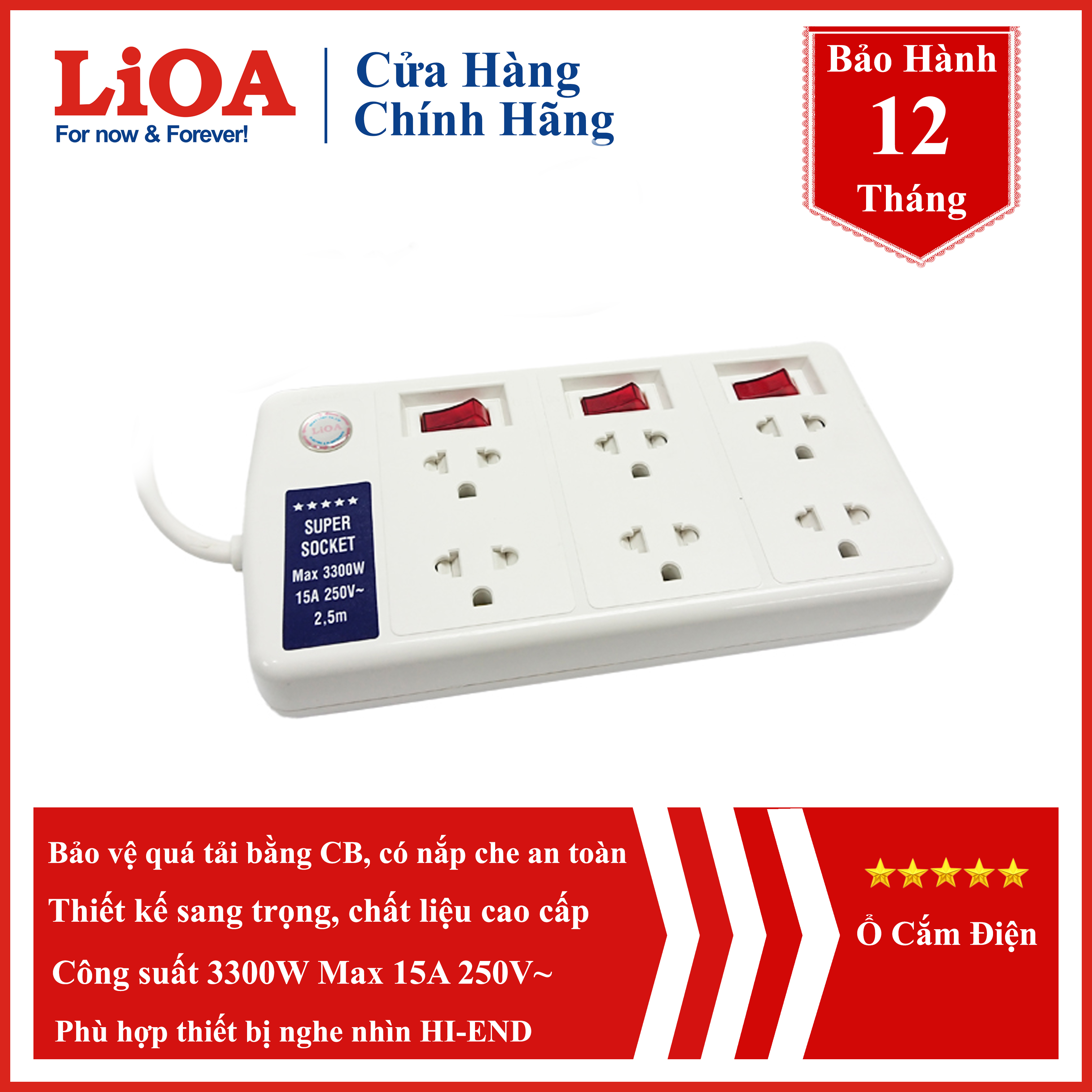 Ổ cắm kéo dài LiOA công suất lớn 6 ổ cắm 6SS2.5-2