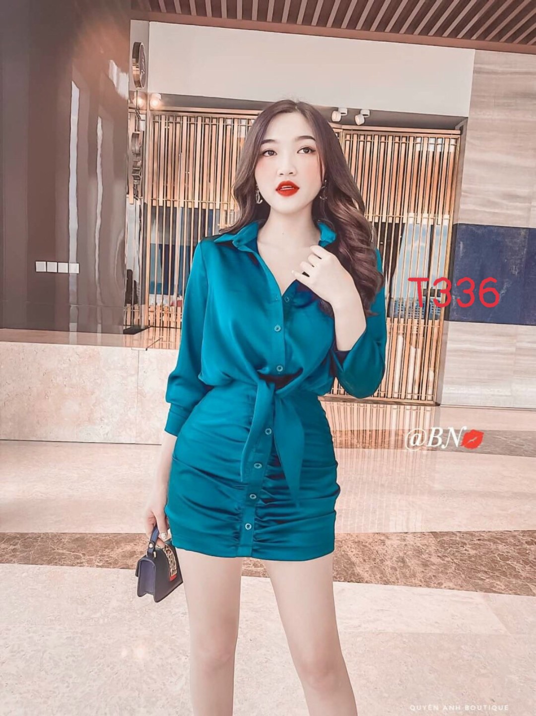 Set áo sơmi cài nút cột nơ kèm chân váy có lót, áo sơmi dáng dài lụa satin cao cấp T336
