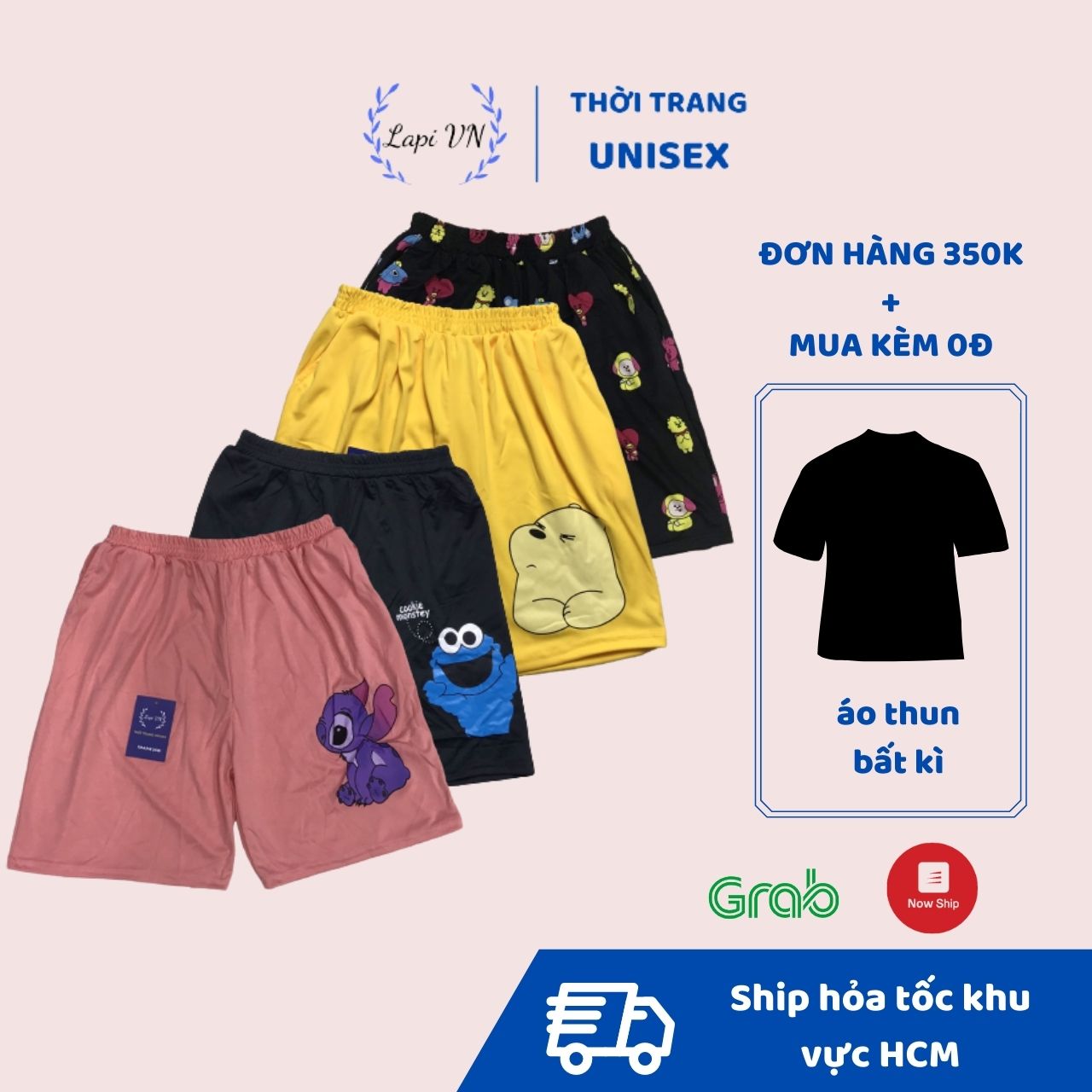 Quần Lưng Thun Mặc Nhà In Hình Hoạt Hình Cute -Lapi VN ,Nam Nữ Đều Mặc Được, Short Lửng Thú Unisex