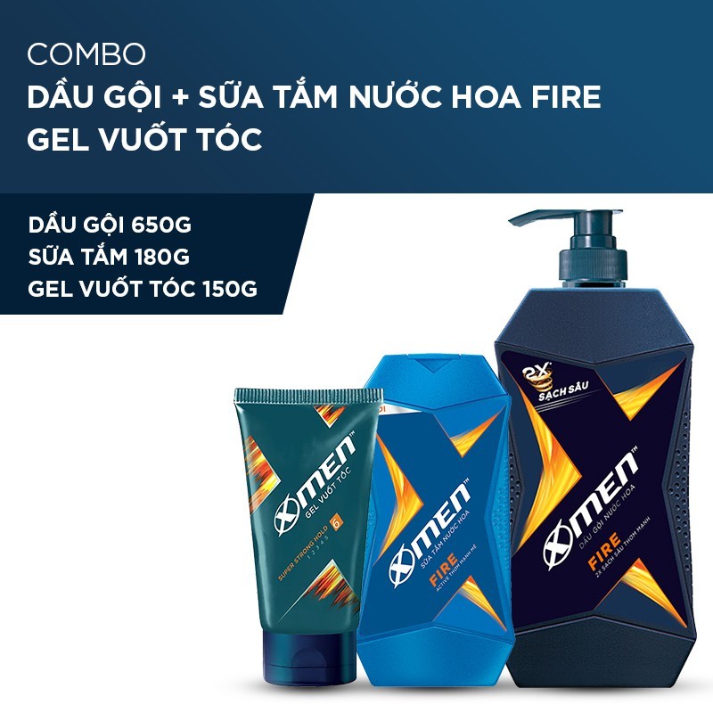 X Men -   Combo Dầu gội nước hoa X-Men Fire 650g + Sữa tắm 180g + Gel siêu cứng tóc 150g  - Giá Sỉ cao cấp