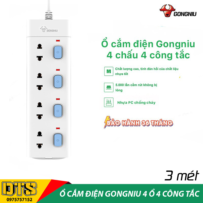 Ổ cắm điện đa năng cao cấp GONGNIU, ổ cắm điện 4 ổ cắm 4 công tắc có dây 3m - Bảo hành chính hãng 3 năm 1 đổi 1