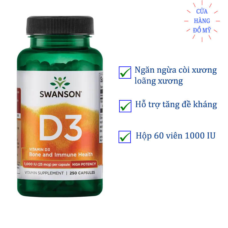 Viên uống Swanson Vitamin D3 25 mcg 1000IU 250 viên